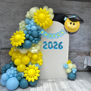 Набір 160 куль для фотозони Вітер змін на Випуск з прапорцями і цифрами Блакитний і жовтий