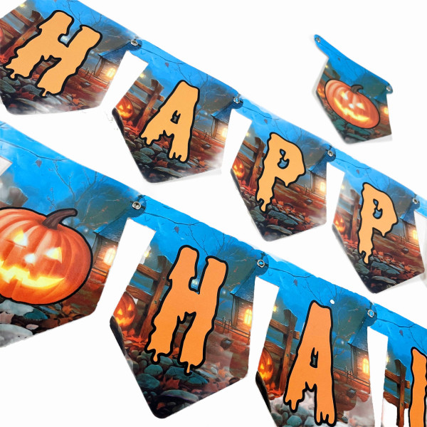 Надпись картонная на Хэллоуин с тыквами Happy halloween Оранжевый и голубой