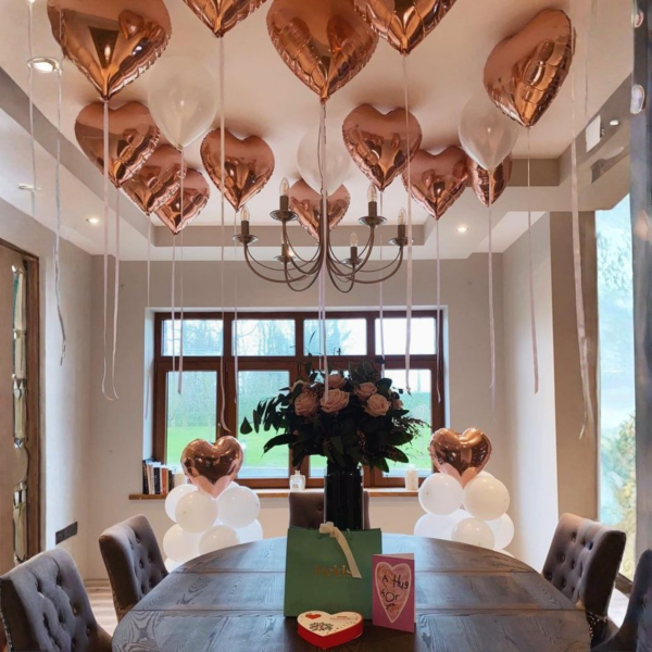 Набор 20 шаров под потолок с дабл стафф Мелодия чувств Розовое золото и белый