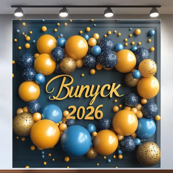 Баннер для фотозоны Выпуск 2026 венок синий золото 120х120 см с вашей надписью