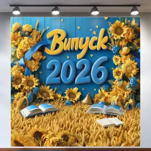 Банер для фотозони на Випуск 2026 Соняшники та пшениця 120x120 см Жовтий та блакитний