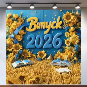 Банер для фотозони на Випуск 2026 Соняшники та пшениця 120x120 см Жовтий та блакитний