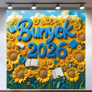 Банер для фотозони на Випуск 2026 Соняшники 120x120 см Жовтий та блакитний