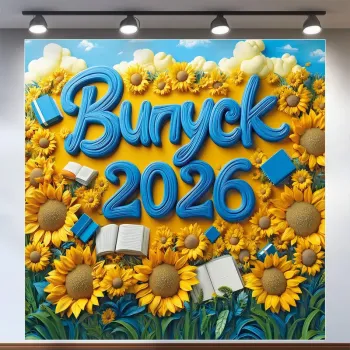 Банер для фотозони на Випуск 2026 Соняшники 120x120 см Жовтий та блакитний