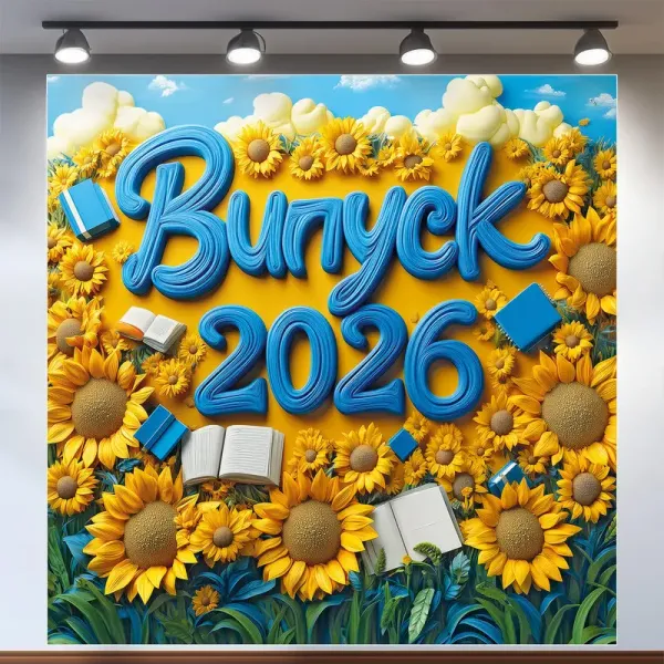 Банер для фотозони Випуск 2026 Соняшники 120х120 см Жовтий і блакитний індивідуальний напис