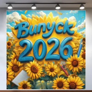 Банер для фотозони на Випуск 2026 Небо та соняшники 120x120 см Жовтий та блакитний