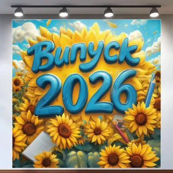 Банер для фотозони на Випуск 2026 Небо та соняшники 120x120 см Жовтий та блакитний