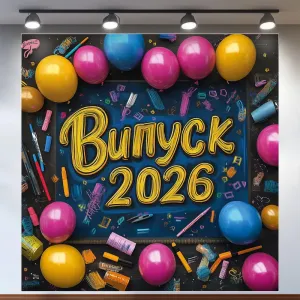 Банер для фотозони на Випуск 2026 Рожевий та жовті кулі 120x120 см Синій