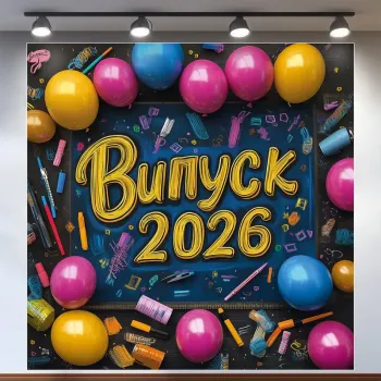 Банер для фотозони на Випуск 2026 Рожевий та жовті кулі 120x120 см Синій
