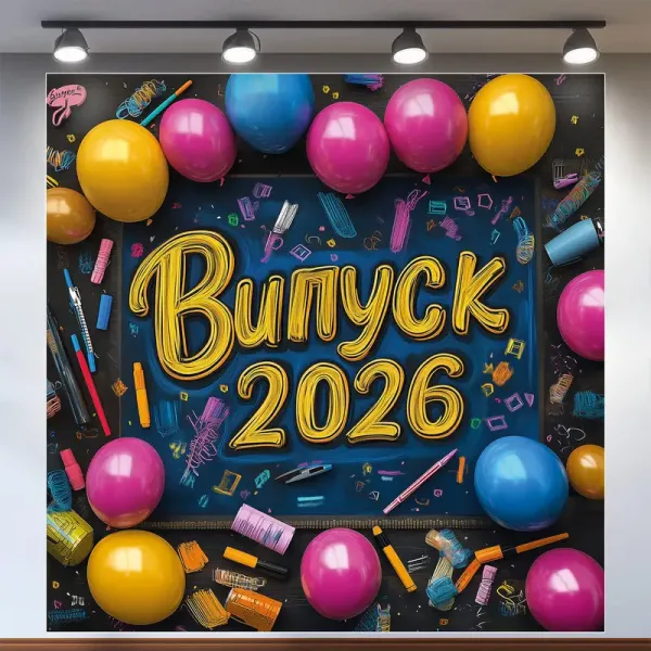 Банер для фотозони Випуск 2026 Рожеві та жовті кулі 120х120 см Синій індивідуальний напис