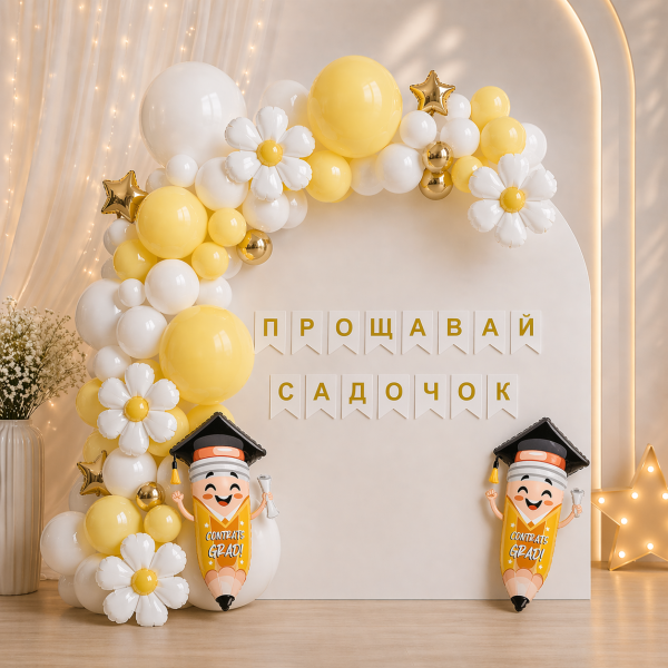 Набір куль для арки фотозони На випуск у садок з прапорцями Сонячний день Білий і жовтий