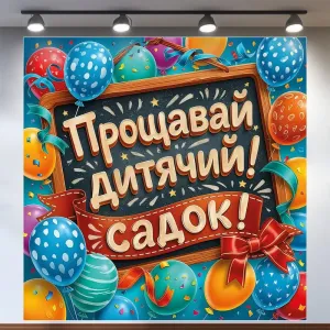 Банер для фотозони Випуск Прощавай садок із кульками Різнокольоровий 120х120 см із вашим написом
