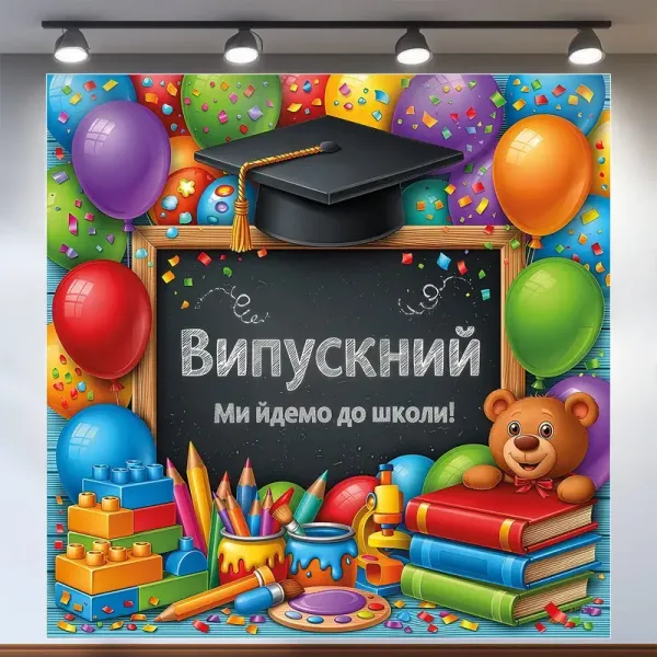 Банер для фотозони Випускний Ми йдемо до школи з дошкою та ведмедиком Різнобарвний з вашим написом