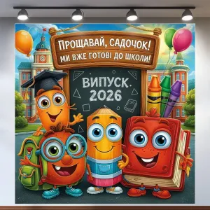 Банер для фотозони Випуск Прощавай садок з книгою та олівцями Різнобарвний 120х120 см з вашим написом