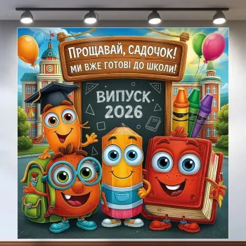 Банер для фотозони Випуск Прощавай садок з книгою та олівцями Різнобарвний 120х120 см з вашим написом
