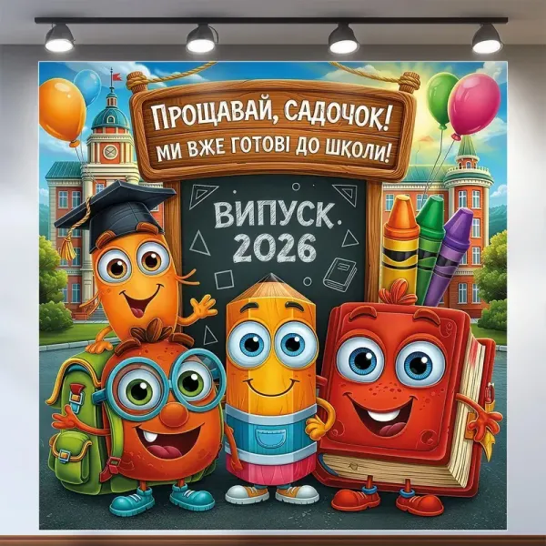Банер для фотозони Випуск Прощавай садок з книгою та олівцями Різнобарвний 120х120 см з вашим написом