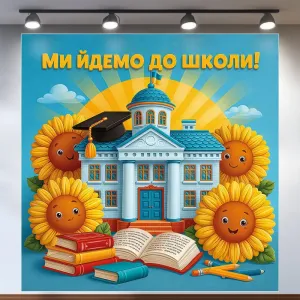 Банер для фотозони Випускний Ми йдемо до школи Соняшники Жовтий та блакитний 120х120 см з вашим написом