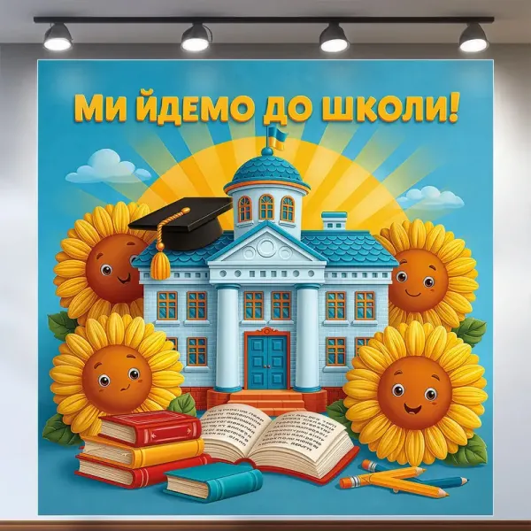 Банер для фотозони Випускний Ми йдемо до школи Соняшники Жовтий та блакитний 120х120 см з вашим написом