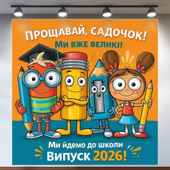 Банер для фотозони Випускний Прощавай садочок Великі олівці Оранжевий та синій 120х120 см з вашим написом