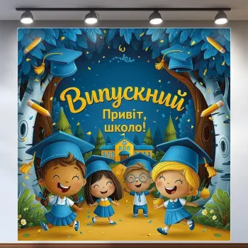 Банер для фотозони Випускний в садочку Привіт школа Синій 120х120 см з вашим написом