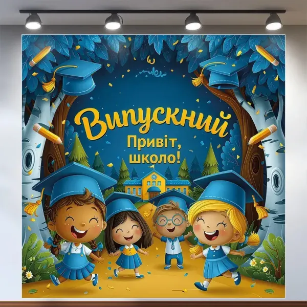 Банер для фотозони Випускний в садочку Привіт школа Синій 120х120 см з вашим написом