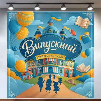 Банер для фотозони Випускний у садочку Ми йдемо до школи Блакитний 120х120 см з вашим написом