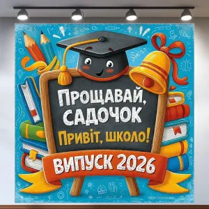 Банер для фотозони Випуск 2026 Прощавай садок із дзвіночком Блакитний 120х120 см з вашим написом