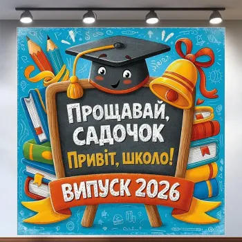Банер для фотозони Випуск 2026 Прощавай садок із дзвіночком Блакитний 120х120 см з вашим написом