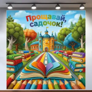 Банер для фотозони Випуск Прощавай садок з книгою та олівцями Різнобарвний 120х120 см з вашим написом