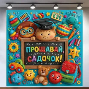 Банер для фотозони Випуск Прощавай садочок з іграшками Різнокольоровий 120х120 см з вашим написом