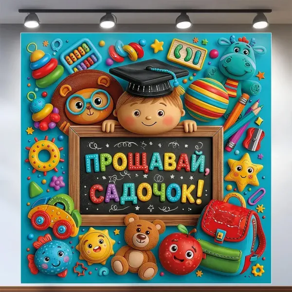 Банер для фотозони Випуск Прощавай садочок з іграшками Різнокольоровий 120х120 см з вашим написом