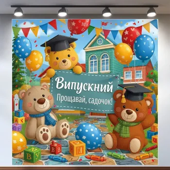 Банер для фотозони Випуск Прощавай садок з ведмежатами Різнобарвний 120х120 см з вашим написом