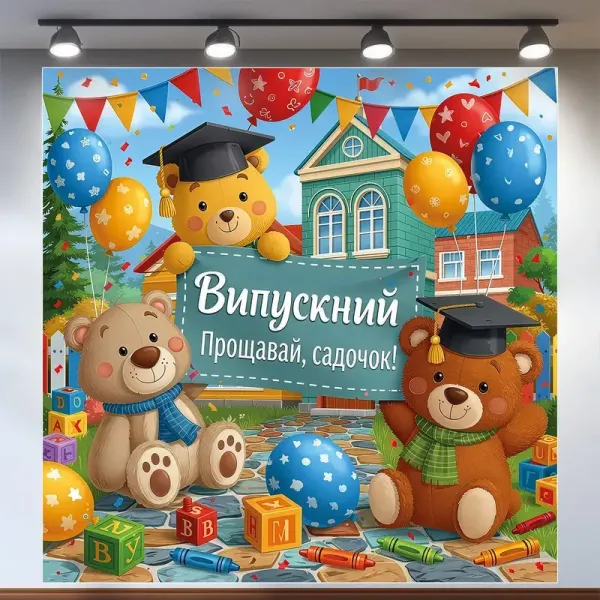 Банер для фотозони Випуск Прощавай садок з ведмежатами Різнобарвний 120х120 см з вашим написом