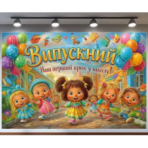 Банер для фотозони Випускний Наш перший крок до школи Різнобарвний з вашим написом