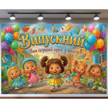 Банер для фотозони Випускний Наш перший крок до школи Різнобарвний з вашим написом