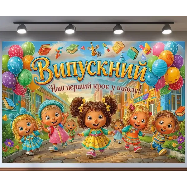 Баннер для фотозоны Выпускной Наш первый шаг в школу Разноцветный с вашей надписью