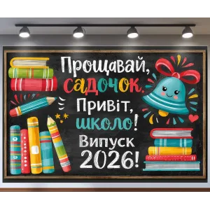 Банер для фотозони Випуск 2026 Прощавай садочок Привіт школа з книгами Різнобарвний з вашим написом
