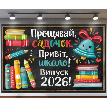 Банер для фотозони Випуск 2026 Прощавай садочок Привіт школа з книгами Різнобарвний з вашим написом