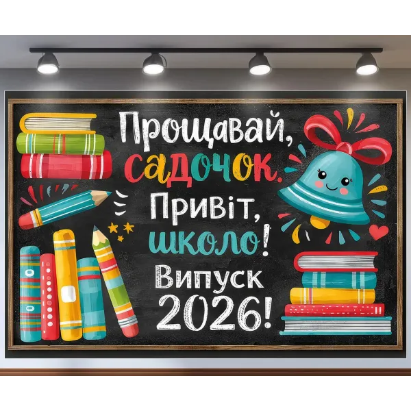 Банер для фотозони Випуск 2026 Прощавай садочок Привіт школа з книгами Різнобарвний з вашим написом