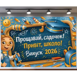 Банер для фотозони Випуск 2026 Прощавай садочок Привіт школа з дівчинкою Синій з вашим написом