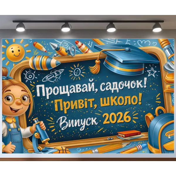 Банер для фотозони Випуск 2026 Прощавай садочок Привіт школа з дівчинкою Синій з вашим написом