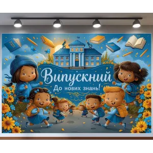 Банер для фотозони Випускний До нових знань із квітами Синій та жовтий з вашим написом