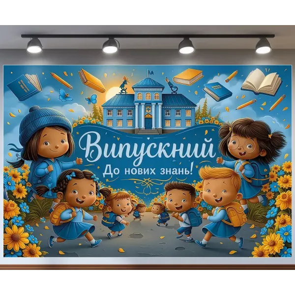 Банер для фотозони Випускний До нових знань із квітами Синій та жовтий з вашим написом