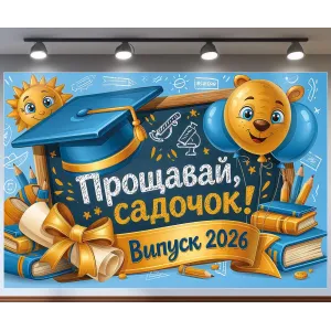 Банер для фотозони Випуск 2026 Прощавай садок До нових знань із грамотою Блакитний та жовтий з вашим написом
