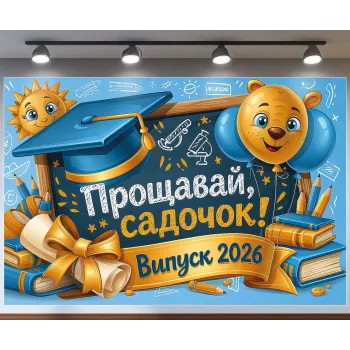 Банер для фотозони Випуск 2026 Прощавай садок До нових знань із грамотою Блакитний та жовтий з вашим написом