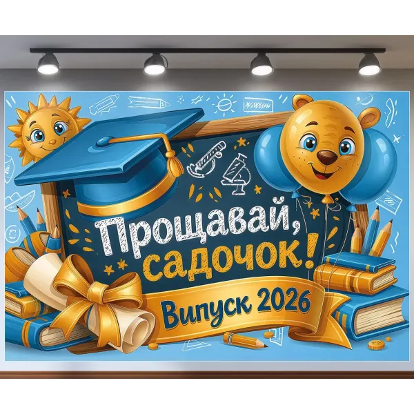 Банер для фотозони Випуск 2026 Прощавай садок До нових знань із грамотою Блакитний та жовтий з вашим написом