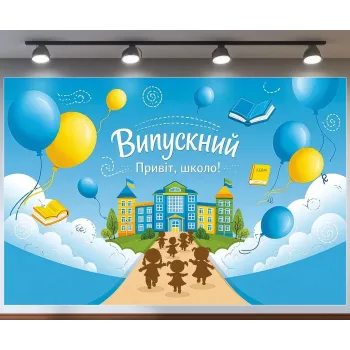 Банер для фотозони Випускний Привіт школа з кульками Блакитний з вашим написом