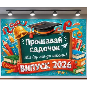 Банер для фотозони Випуск 2026 Прощавай садок із дзвіночком Блакитний 120х120 см з вашим написом