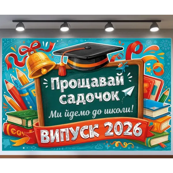 Банер для фотозони Випуск 2026 Прощавай садок із дзвіночком Блакитний 120х120 см з вашим написом