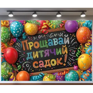 Банер для фотозони Випуск Прощавай дитячий садок з кульками Різнокольоровий з вашим написом